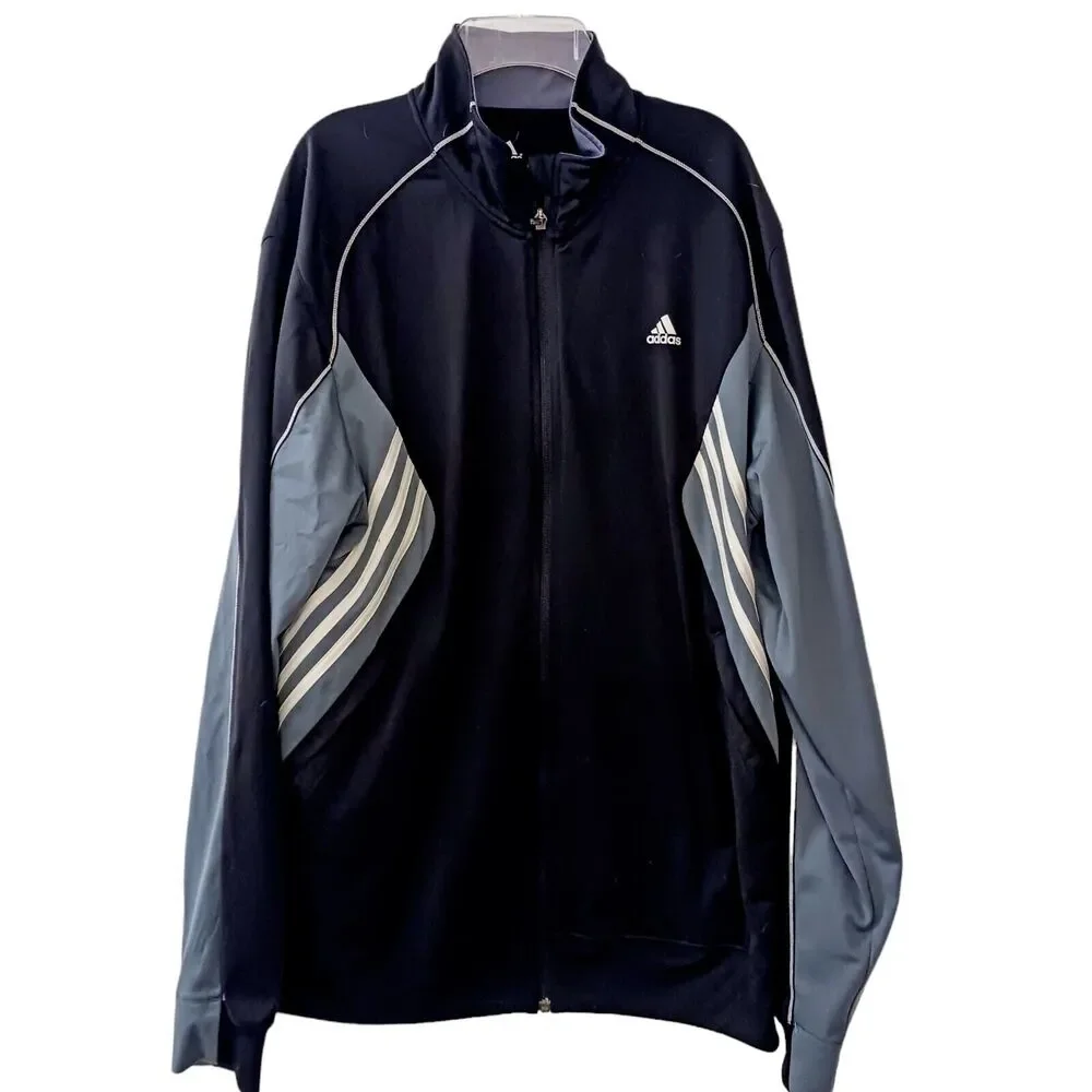 Y2K Adidas Track Jacket Men's Sz L Black GRAY WHITE STRIPES Zipper Retro Vintage